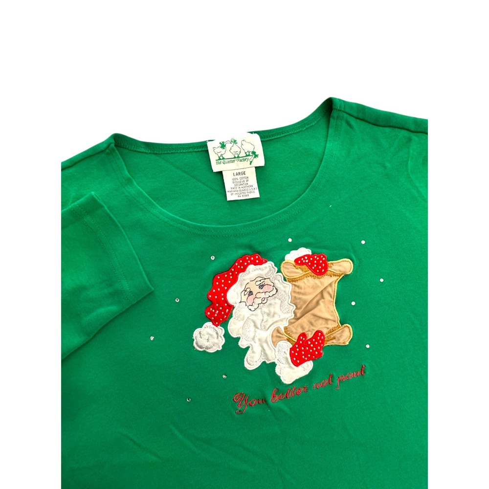 Quaker Factory Womens Santa Claus Christmas‎ Long Sleeve Shirt Top Green Large
